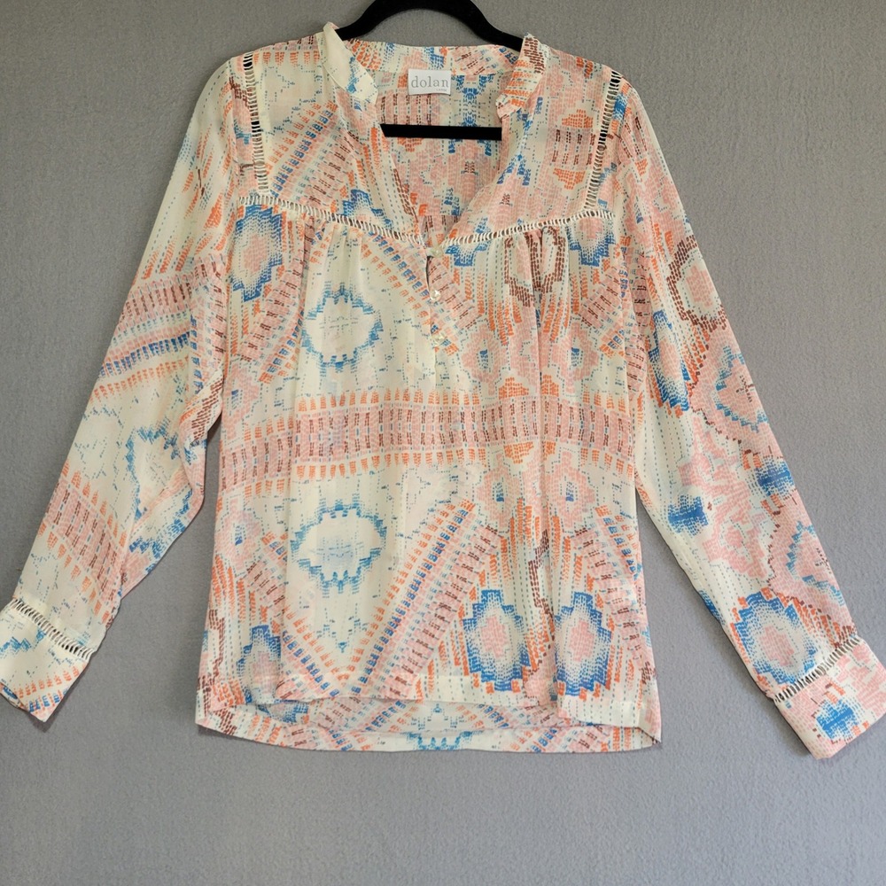 Dolan Women Large Split Neck Geometric Tribal Print Blouse Crochet Trim Long Slv